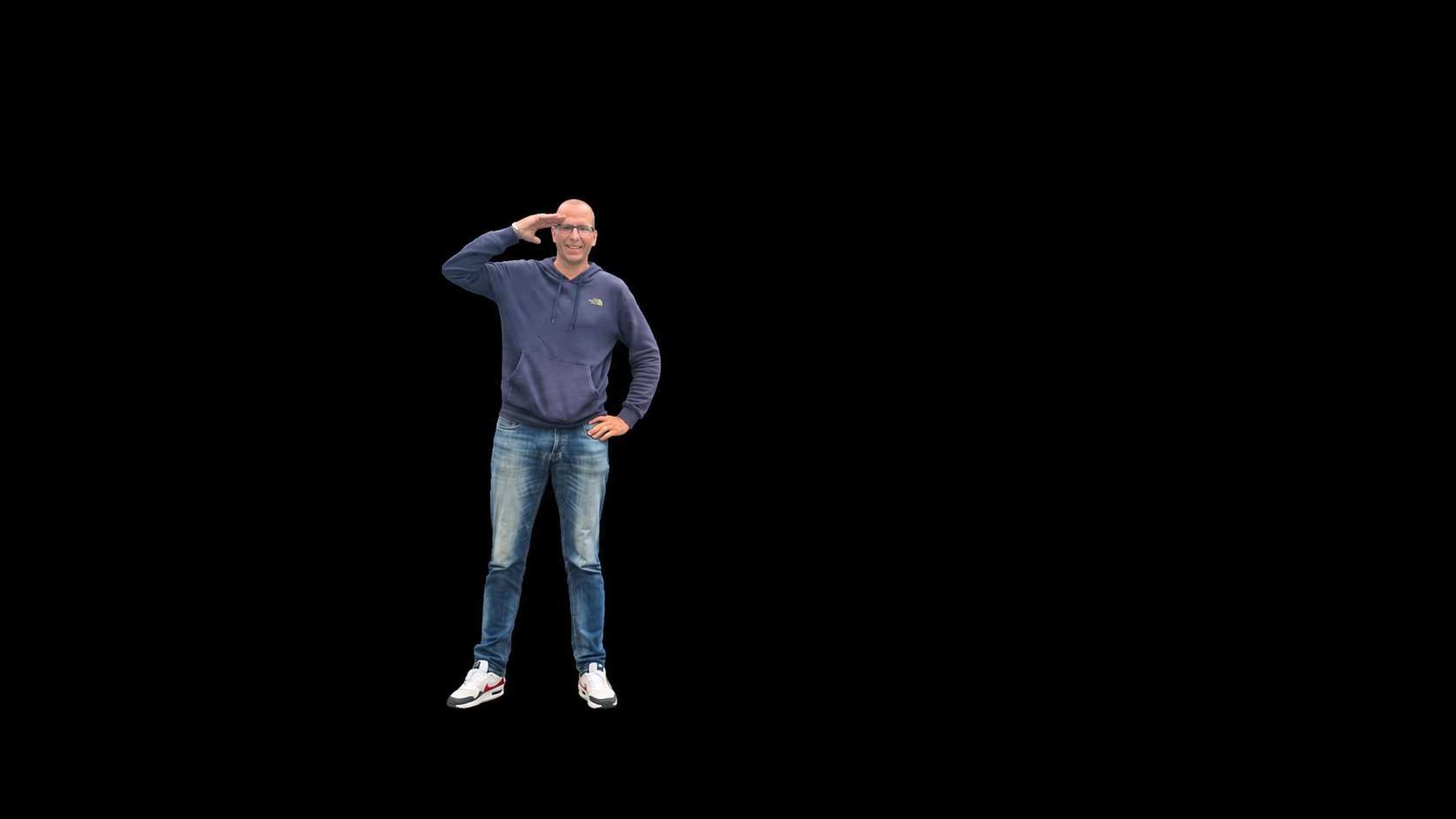 Homme en sweat bleu faisant un salut
